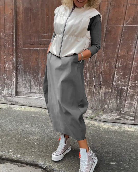 EB | Schlichtes Einfarbiges Elegantes Kleid mit Langen Ärmeln und Tasche