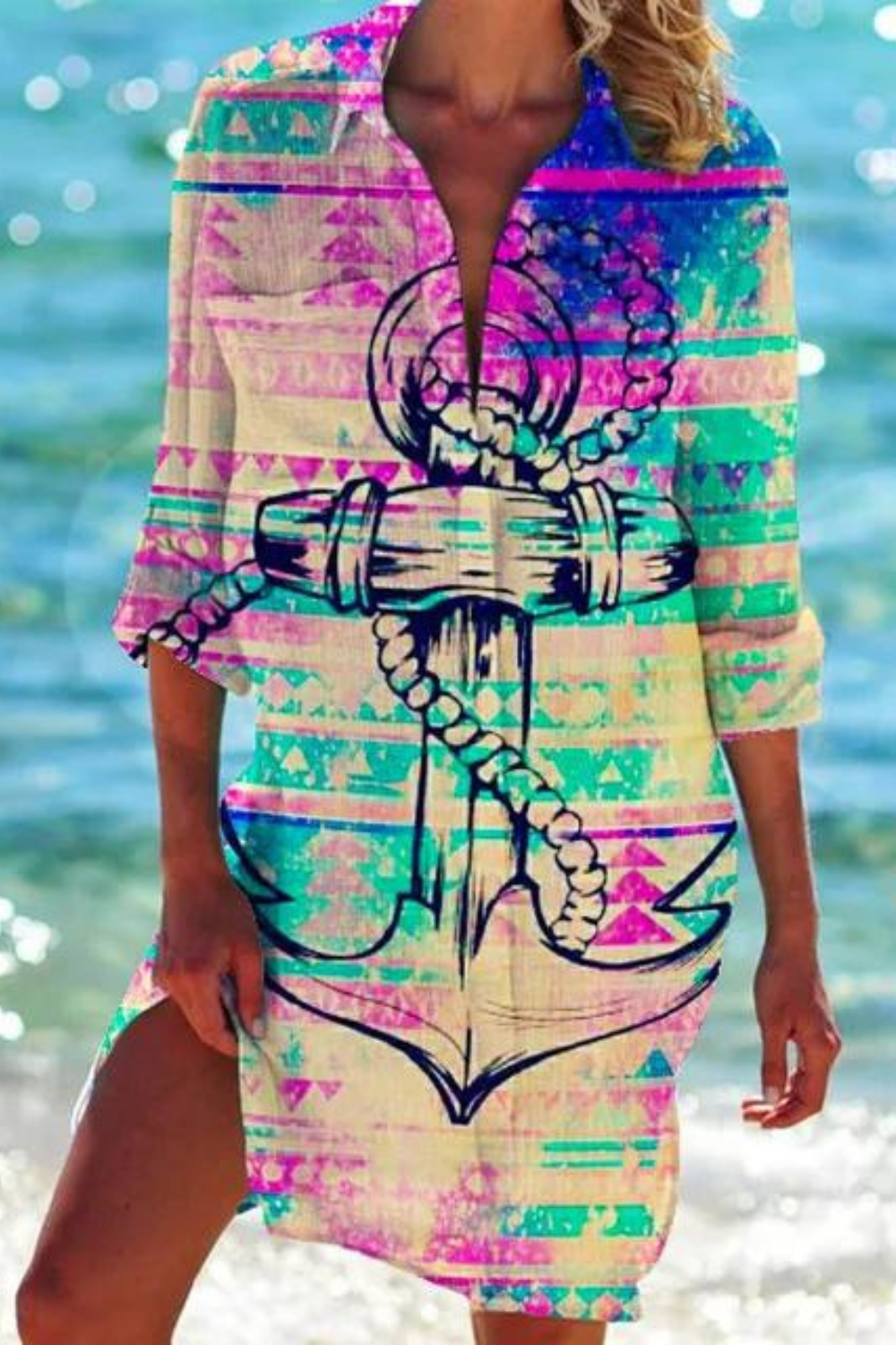 EB - Lange Strandbluse mit Meeresmotiv