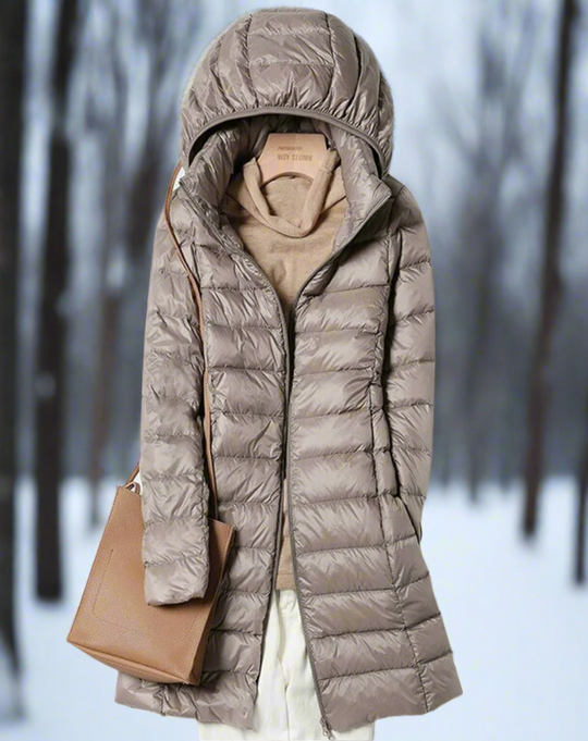 EB | Lange gepolsterte Jacke Regelmäßige Passform Wasserabweisende Kapuzen Steppjacke