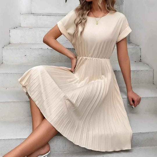 EB | Einfarbig Plissierter Kurzarmkleid