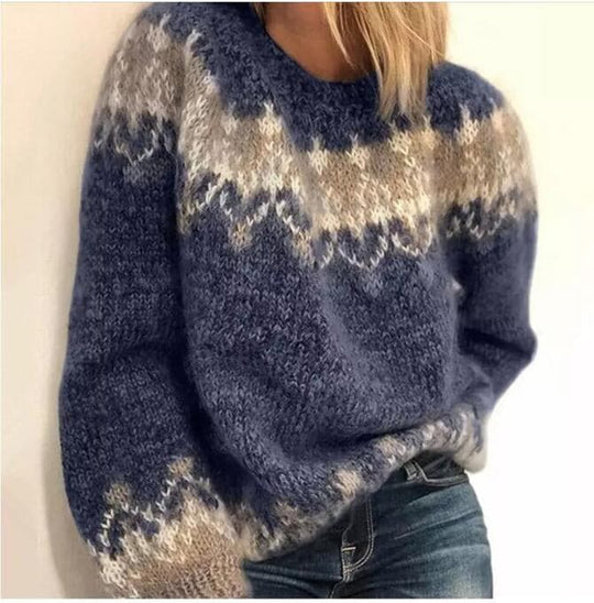 EB | Strickpullover Weiche Wollmischung Oversized-Passform Rundhalsausschnitt Nordisches Muster