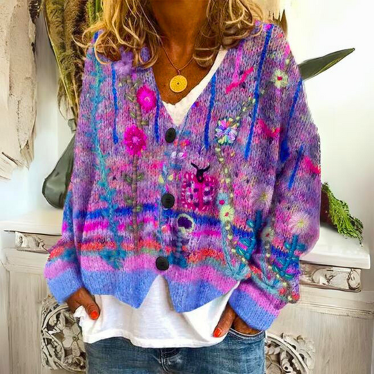 EB | Strickjacke Im Boho-Stil mit Floralen Akzenten - Gemütliche, Modische Cardigan für Freizeit und Alltag