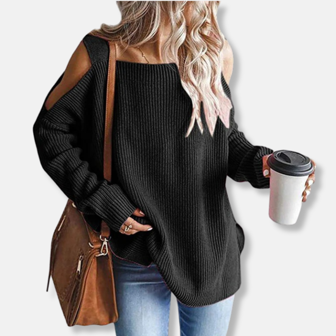 EB | Sweatshirt Offene Schulter Strick Lockere Passform Strukturierter Stoff