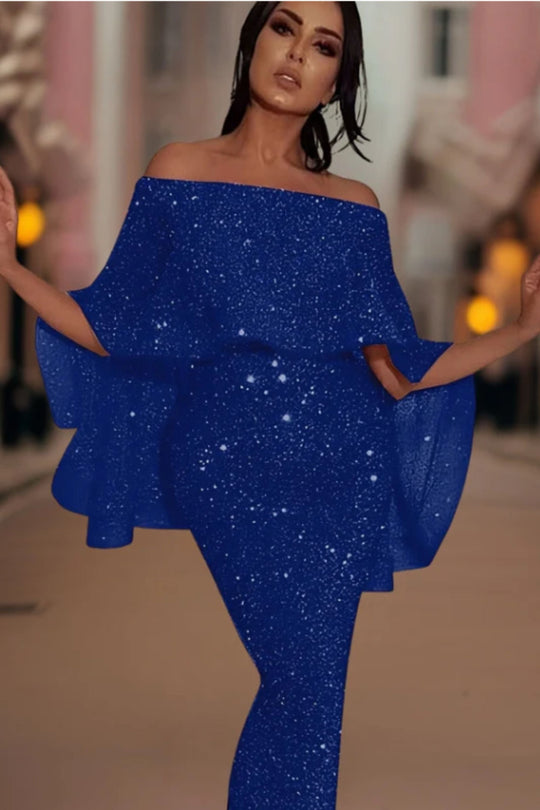 EB | Off-Shoulder Glitzer Maxi Kleid