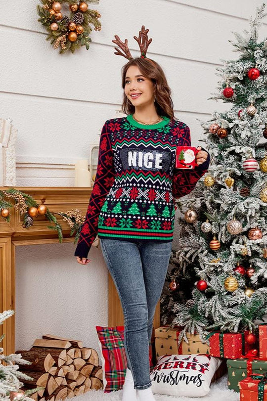 EB | Pailletten bestickter Weihnachts-Jacquard-Strickpullover