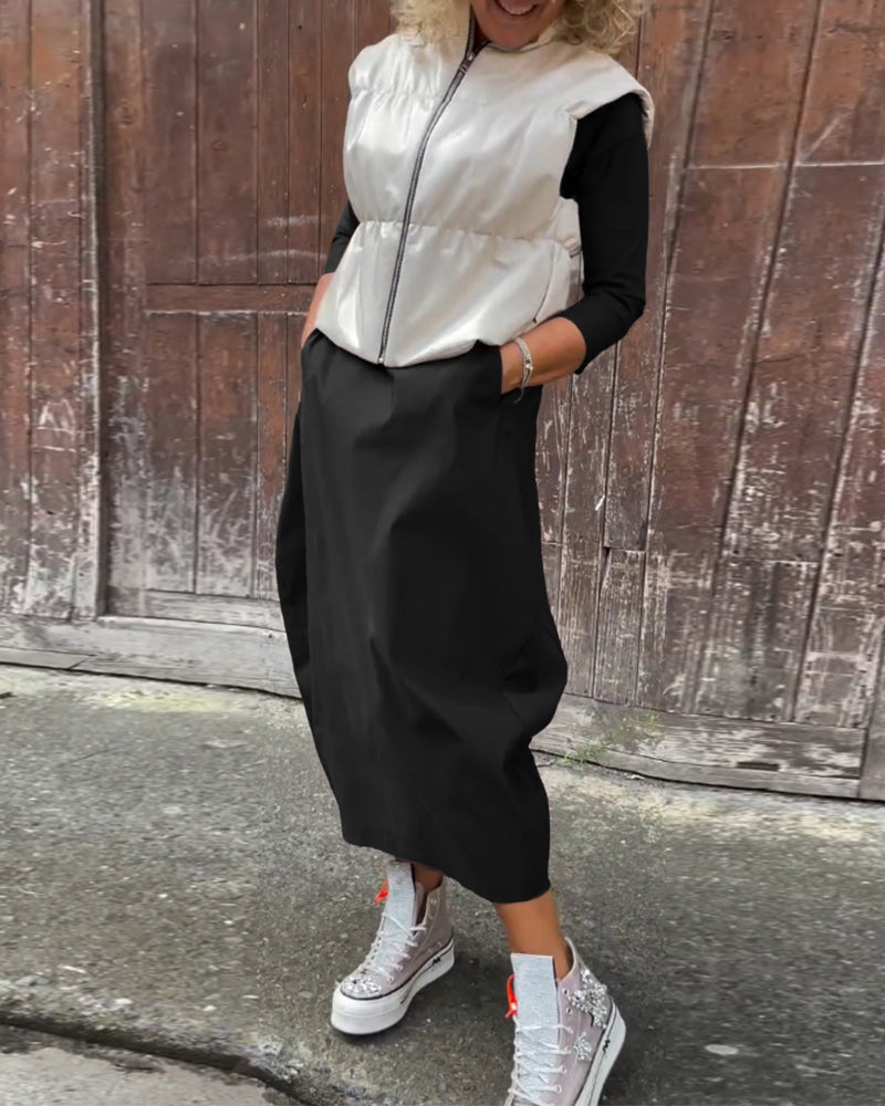 EB | Schlichtes Einfarbiges Elegantes Kleid mit Langen Ärmeln und Tasche