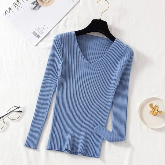 EB | Pullover - Slim-Fit Rippstrick V-Ausschnitt Pullover