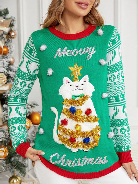 EB | Weihnachten Langarm Cat Appliqué Rundhals Pullover