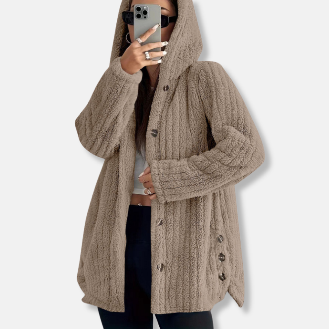 EB | Mantel Oversize Passform Kapuze Weiche Textur Knopfverschluss Mittellang