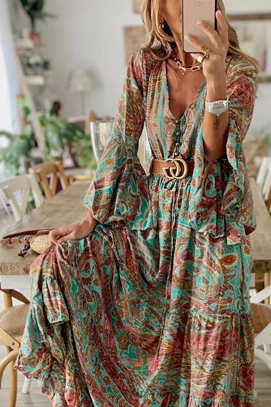 EB | Damen Bohemianpaisley Druck & Trompetenärmel Kleid Maxi