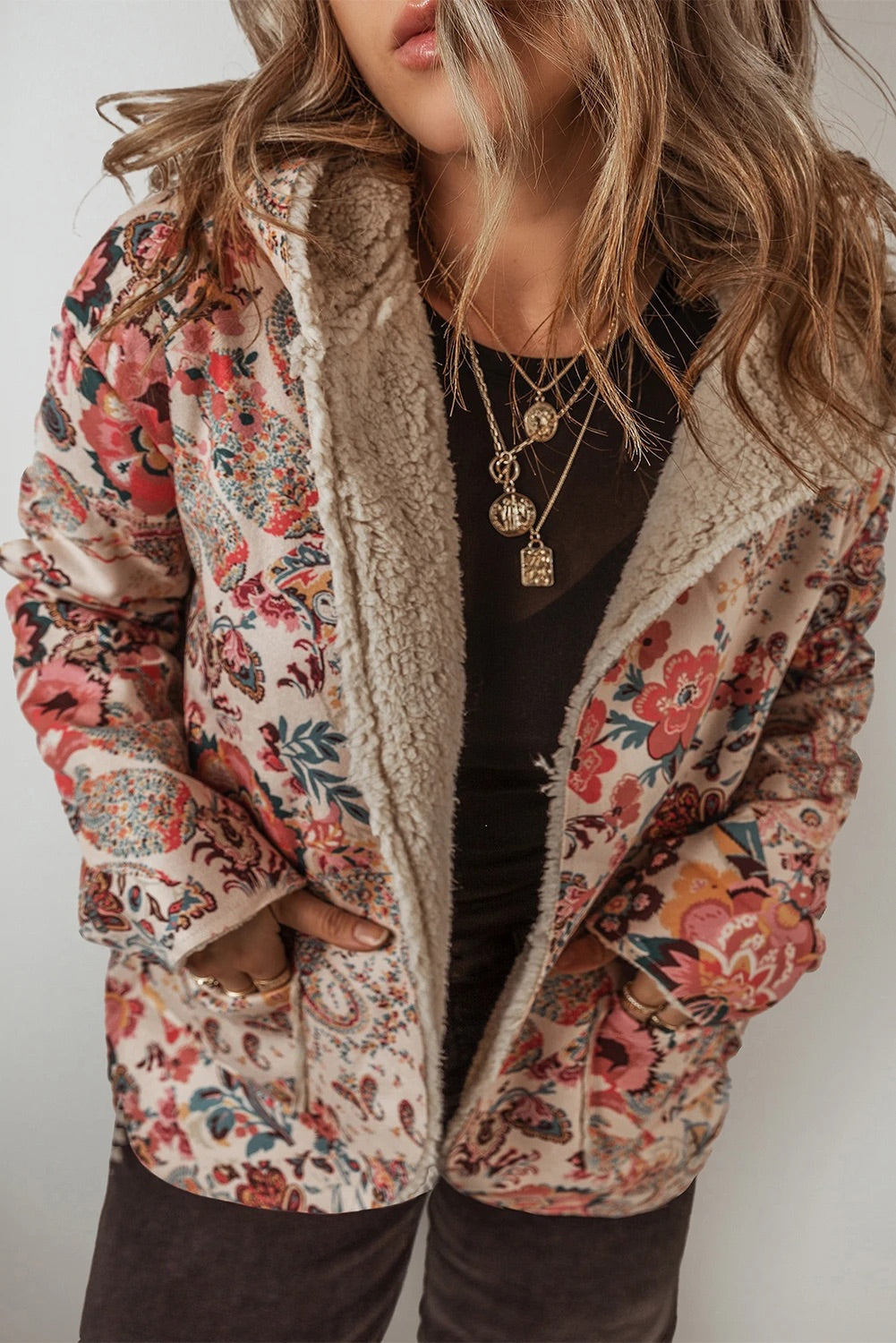 EB | Vintage Paisley Blumenbedruckte Sherpa Futter Kapuzenjacke