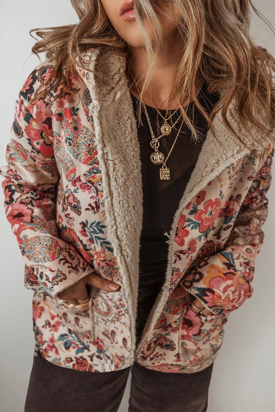EB | Vintage Paisley Blumenbedruckte Sherpa Futter Kapuzenjacke
