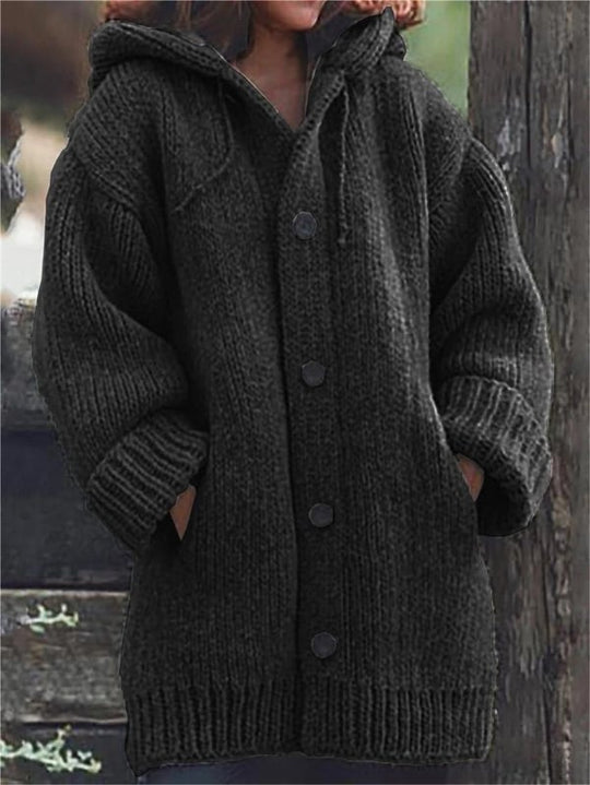Lange, übergroße Strickjacke mit Kapuze
