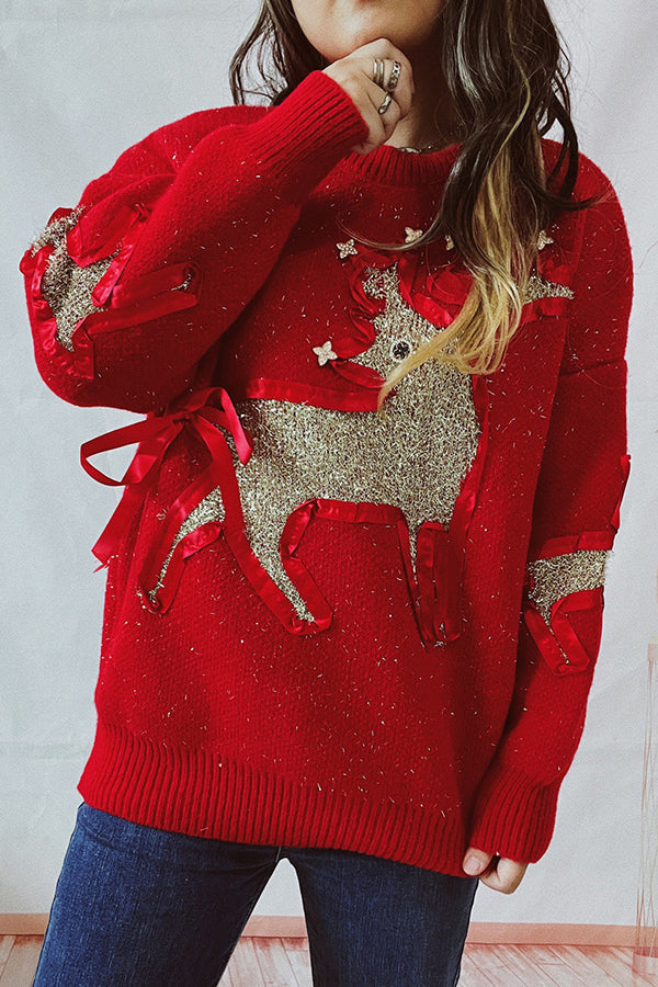 EB | Weihnachtsmuster Gestrickter Rundhalsausschnitt Langarmpullover