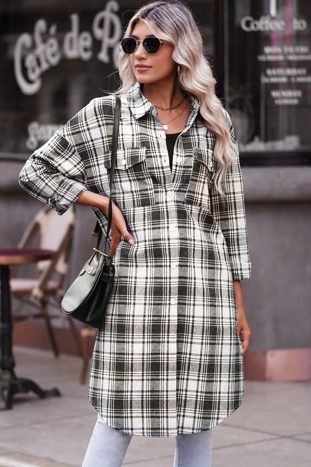 EB | Karierter Button-Up Longline Shacket mit Brusttaschen