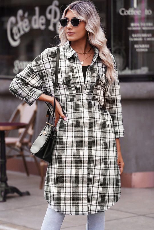 EB | Karierter Button-Up Longline Shacket mit Brusttaschen