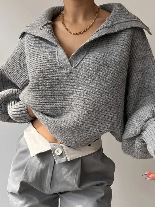 EB | Gemütlicher Strickpullover mit Laternenärmeln und Offenem Kragen