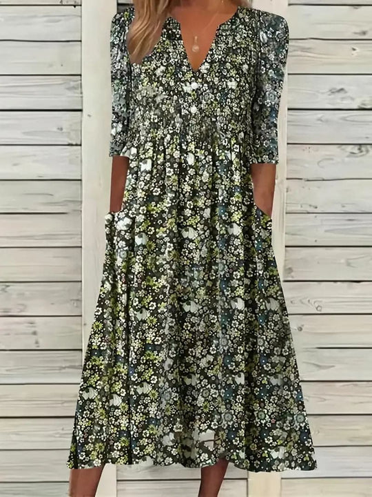 EB | Midikleid A-Linie Passform V-Ausschnitt 3/4 Ärmel Blumenmuster
