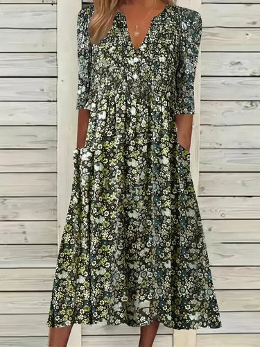 EB | Midikleid A-Linie Passform V-Ausschnitt 3/4 Ärmel Blumenmuster