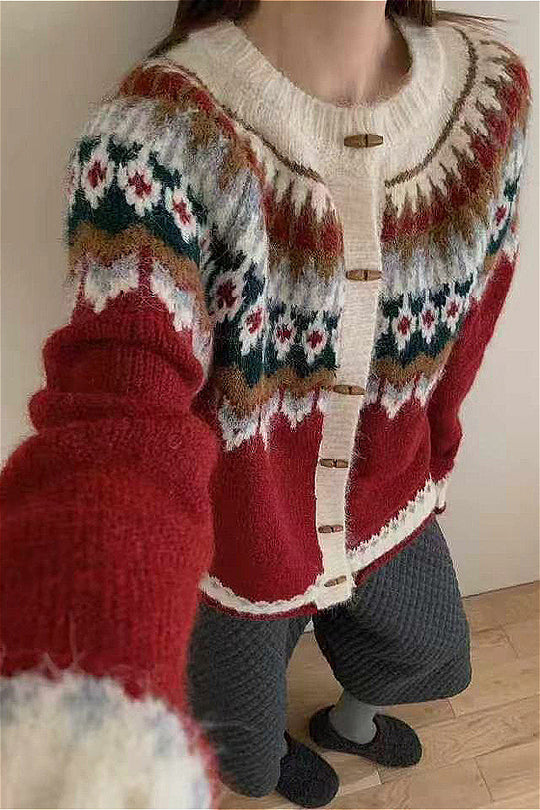 EB | Rundhals Fair Isle Weihnachten Hornknopf Strickjacke