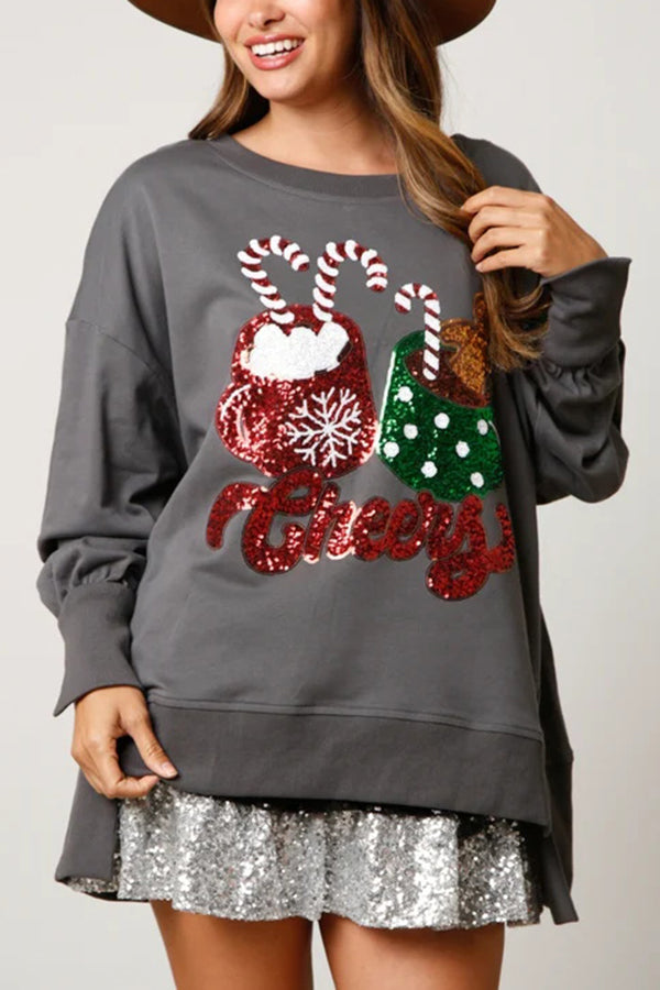 EB | Weihnachts Süßigkeiten Tasse Pailletten Lässiger Lockere Sweatshirt