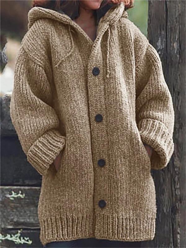 Lange, übergroße Strickjacke mit Kapuze