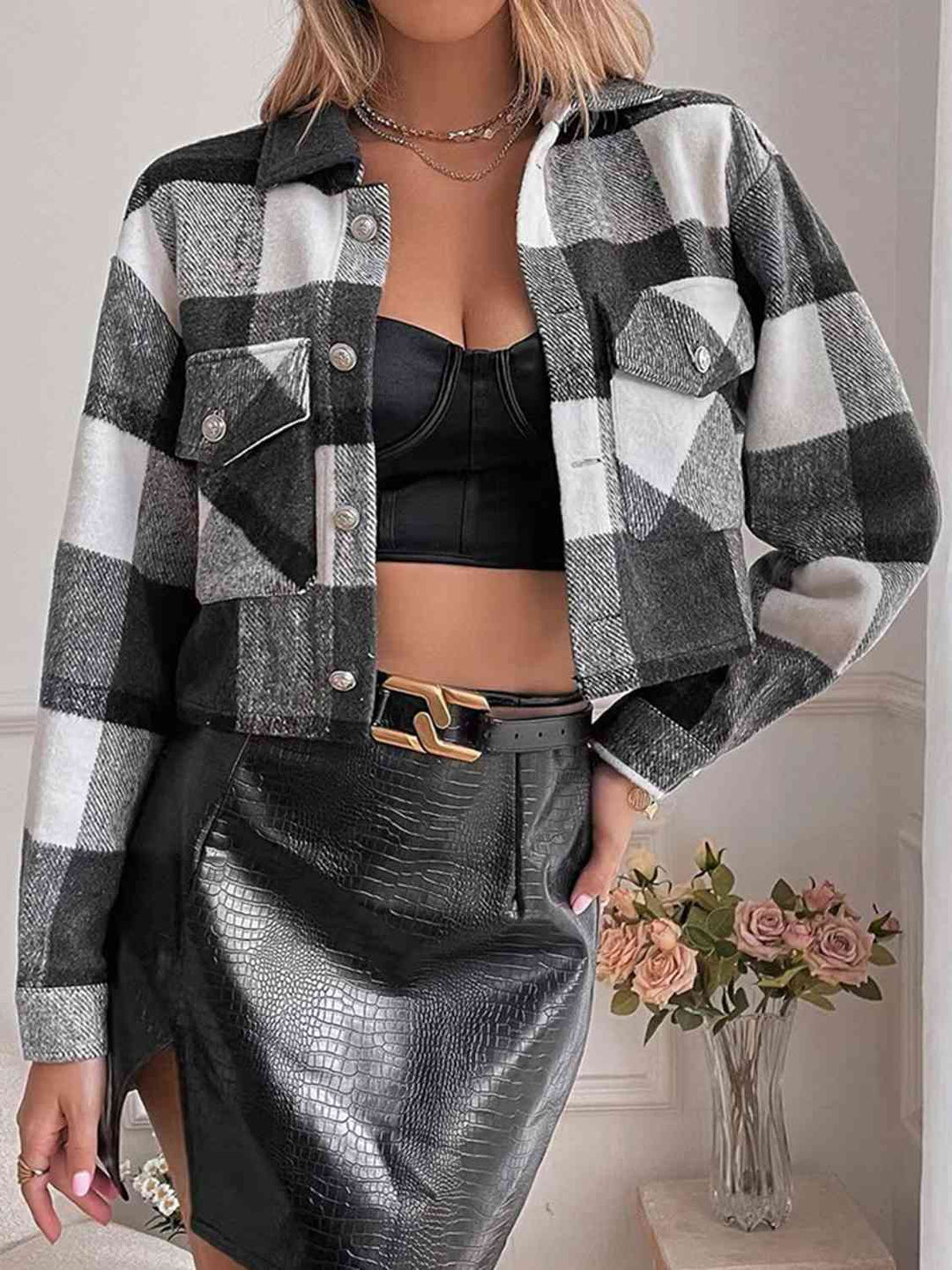 EB | Karierte Kragenknopf Jacke