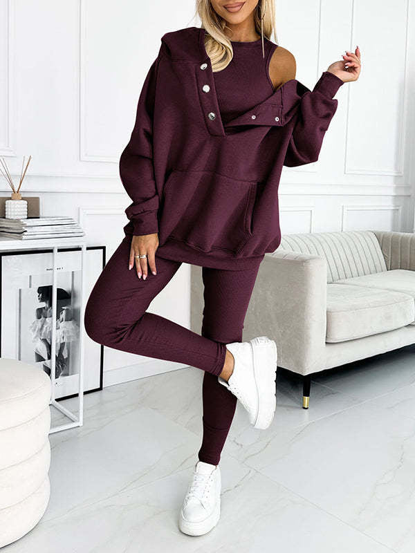 EB | 3-Teiliges Damen-Sportanzug mit Lockerem Kapuzenpullover und Slim-Hosen