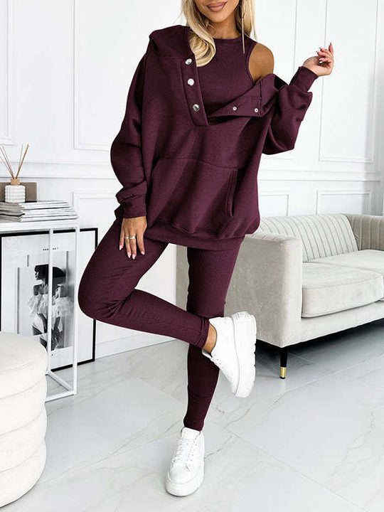 EB | 3-Teiliges Damen-Sportanzug mit Lockerem Kapuzenpullover und Slim-Hosen
