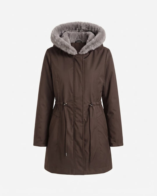 Damen nan midilanger Thermoparka mit abnehmbarer Teddykapuze, Taillenzug und verdeckter Frontblende EB