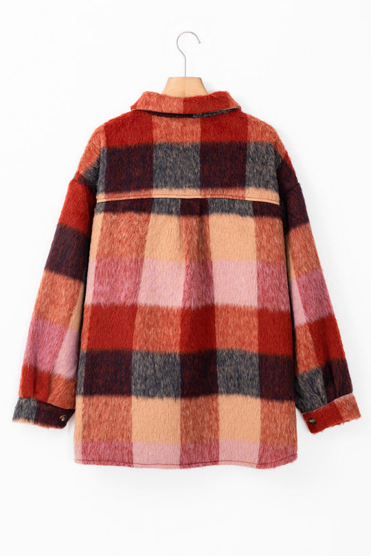 EB | Geräumige Karierte Orange Freizeitjacke mit Pattentaschen und Knöpfen
