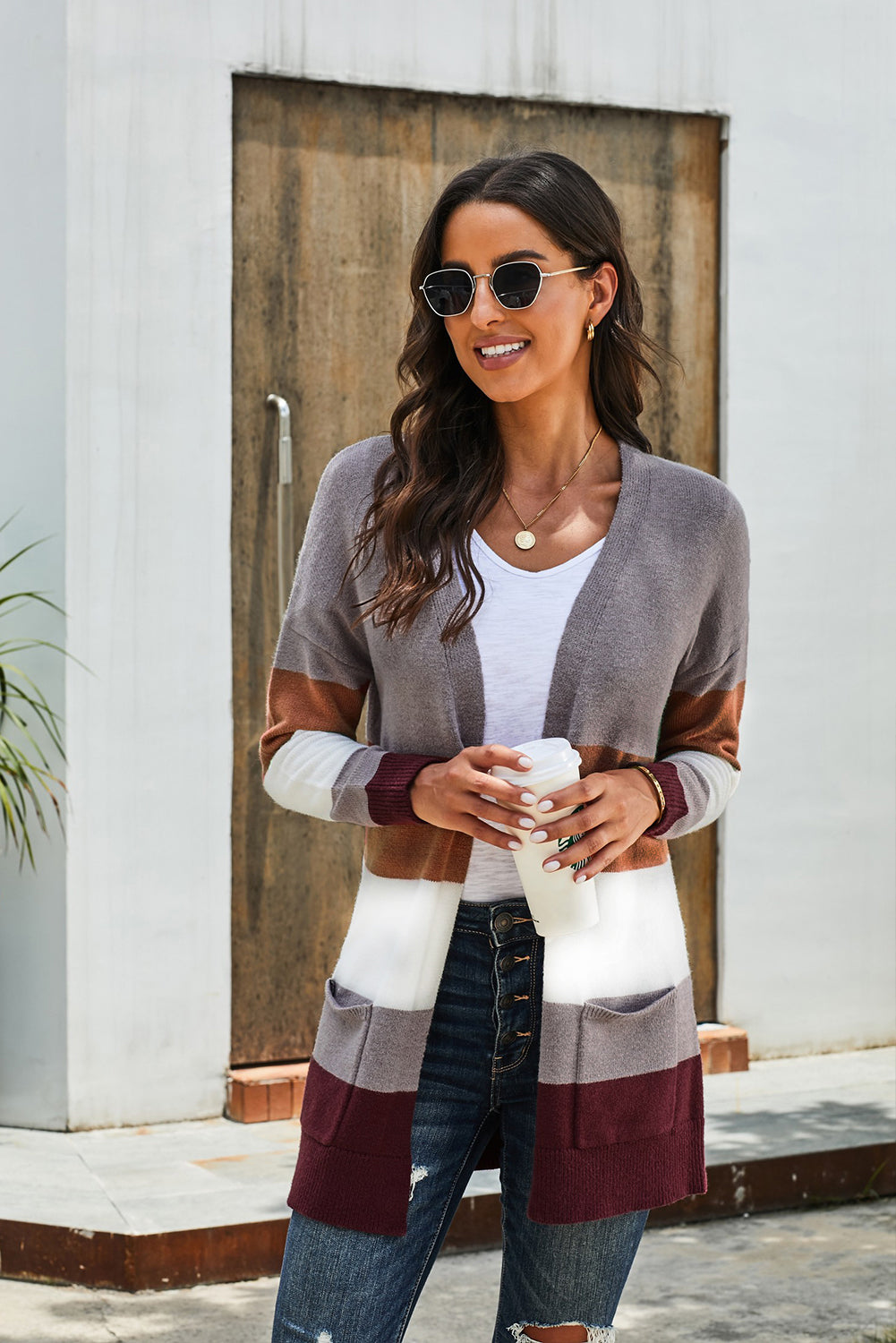 EB | Farbblock Offene Front Rippbündchen Cardigan mit Taschen