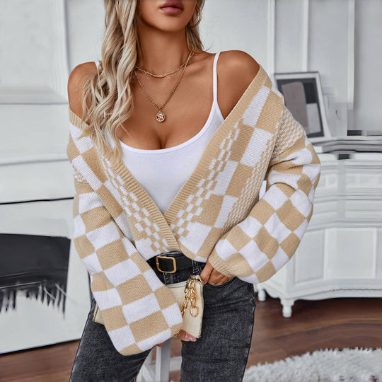 EB | Cardigan - Damen Herbst Casual Karierter Gestrickter Cardigan