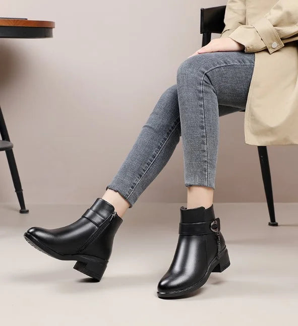 EB | Damen Echtes Leder Metall Schnalle Samt Stiefel