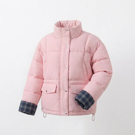 Damen nan kurzer wattierter Boxy-Blouson mit kariertem Innenfutter, hohem Kragen und aufgesetzten Klappentaschen EB