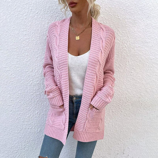 EB | Cardigan Strick Offene Front Lockere Passform mit Taschen Langarm