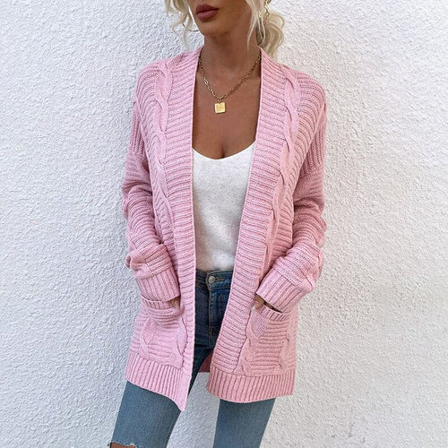 EB | Cardigan Strick Offene Front Lockere Passform mit Taschen Langarm