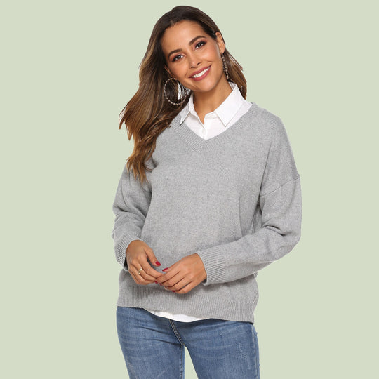 EB | Strickpullover V-Ausschnitt Lockere Passform Lange Ärmel Weich und Bequem