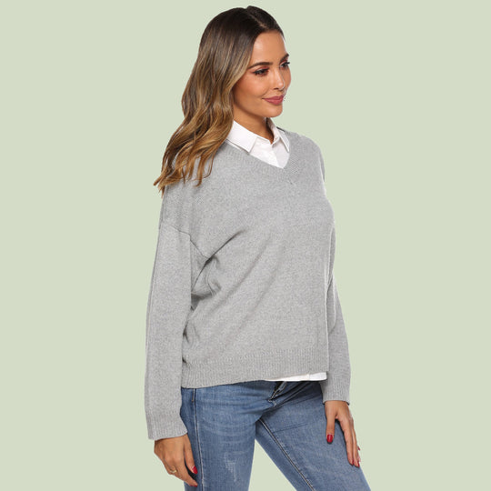 EB | Strickpullover V-Ausschnitt Lockere Passform Lange Ärmel Weich und Bequem