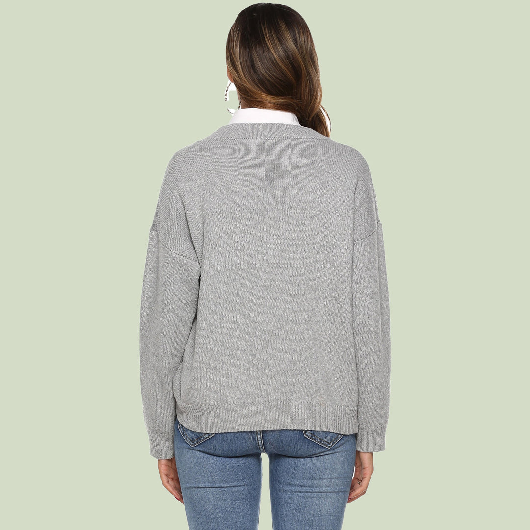 EB | Strickpullover V-Ausschnitt Lockere Passform Lange Ärmel Weich und Bequem