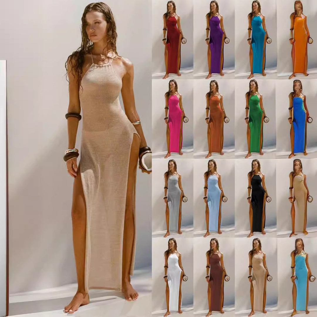 EB | Doppelseitiges Strickkleid mit hohem Schlitz und Hosenträgern