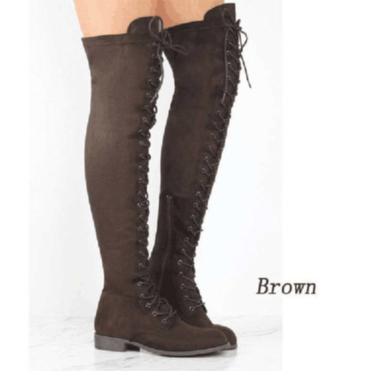 Damen Overkneestiefel aus weichem Wildleder mit dekorativem Schnür-Design EB