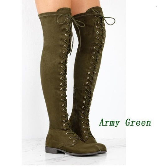 Damen Overkneestiefel aus weichem Wildleder mit dekorativem Schnür-Design EB