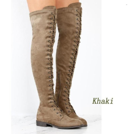 Damen Overkneestiefel aus weichem Wildleder mit dekorativem Schnür-Design EB
