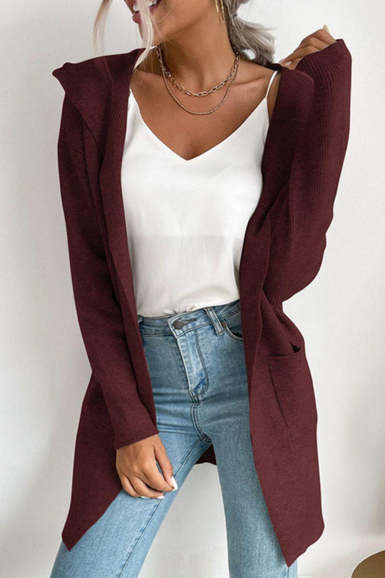 EB | geripptes offen-front Cardigan mit Kapuze und Taschen
