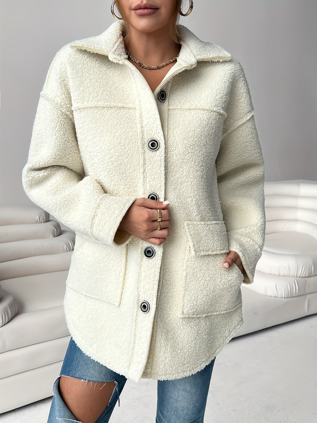 EB | Gemütlicher Plys-jacke mit Knöpfen Polyester Komfortabel und Stilvoll