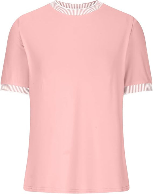 Damen Lässiges Kurzarm-Shirt mit Modischem Streifenkragen EB