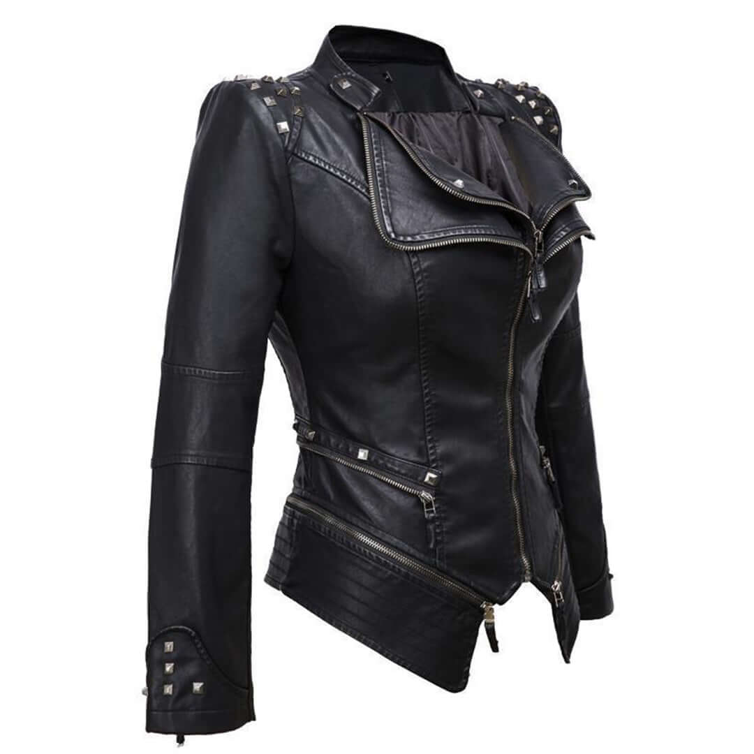 EB | Damen Enganliegende Genietete Biker Lederjacke