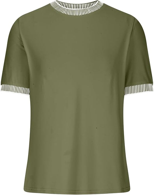 Damen Lässiges Kurzarm-Shirt mit Modischem Streifenkragen EB