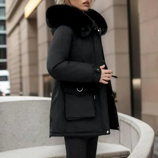 EB | Parka Mantel – Isoliert Mid-Thigh Passform – Kunstfell Kapuze – Verstellbare Taille